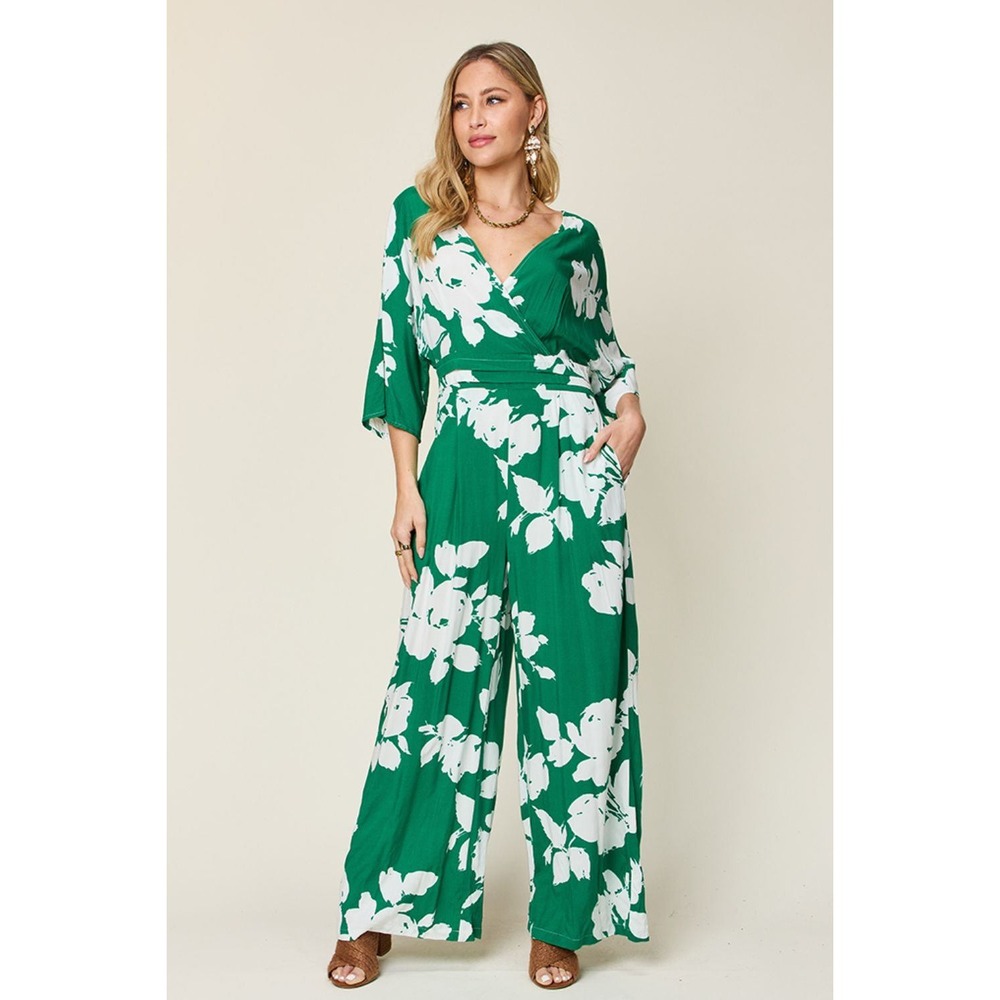 Floral Jumpsuit Women Green New Wide Leg Surplice Wrap‎ Pocket